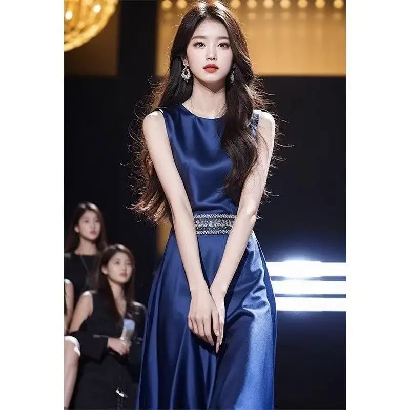 

Summer New Elegant Blue Casual Dresses For Women O-Neck Sleeveless High Waist Slim OL Long Dress Fashion Party Vset Dress