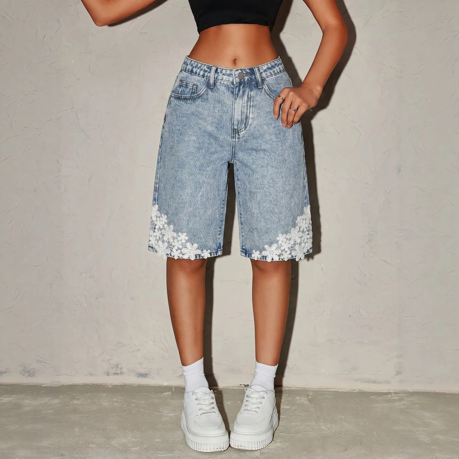 Tween Girl Lace Trim Denim Bermuda Shorts High Waist Knee Length Jean Shorts Casual Summer Streetwear Bottoms for Teen Girls