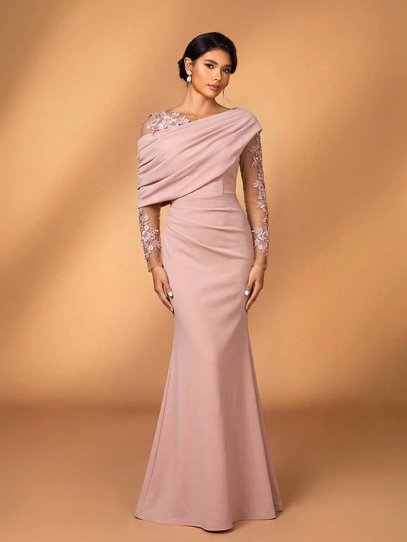 

Fishtail Evening Dress With Asymmetrical Draped Neckline, Sheer Lace-Embroidered Sleeves, Elastic Knit Fit