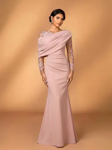 Fishtail Evening Dress With Asymmetrical Draped Neckline, Sheer Lace-Embroidered Sleeves, Elastic Knit Fit