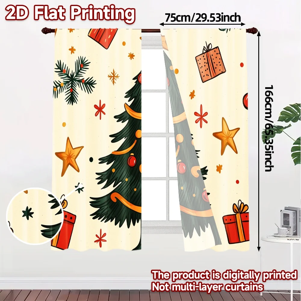 2pcs,Curtains Christmas Tree Baubles Festive_a (3) Chic Curtain Cloth 100% Polyester Curtains All Seasons Decorative for