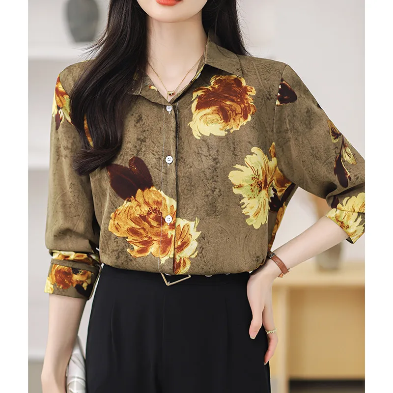 

Korean Casual Fashion Women's Long Sleeve Flowers Printed Shirt Party Street Retro Tops