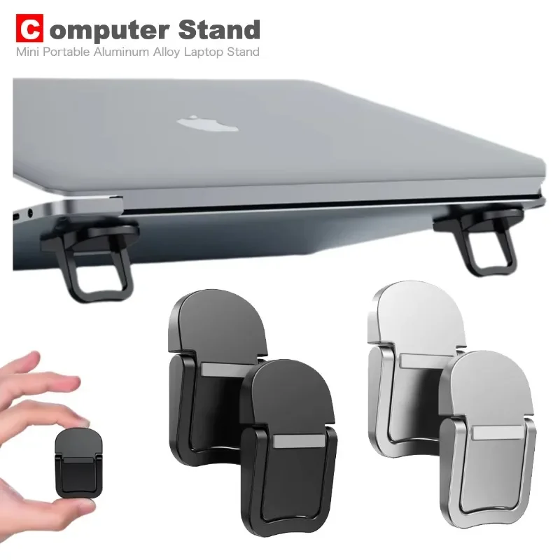 2pcs/set Mini Portable Aluminum Alloy Laptop Stand W/ Height Adjustment Invisible Bracket& Cooling Bottom Cushion Small Foot Pad