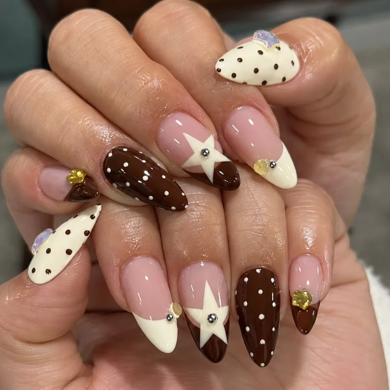 24PCS Maillard Brown Polka Dots Almond Press on Nails Cream Yellow Star with Heart Rhinestone False Nails Ins Style Nail Tips