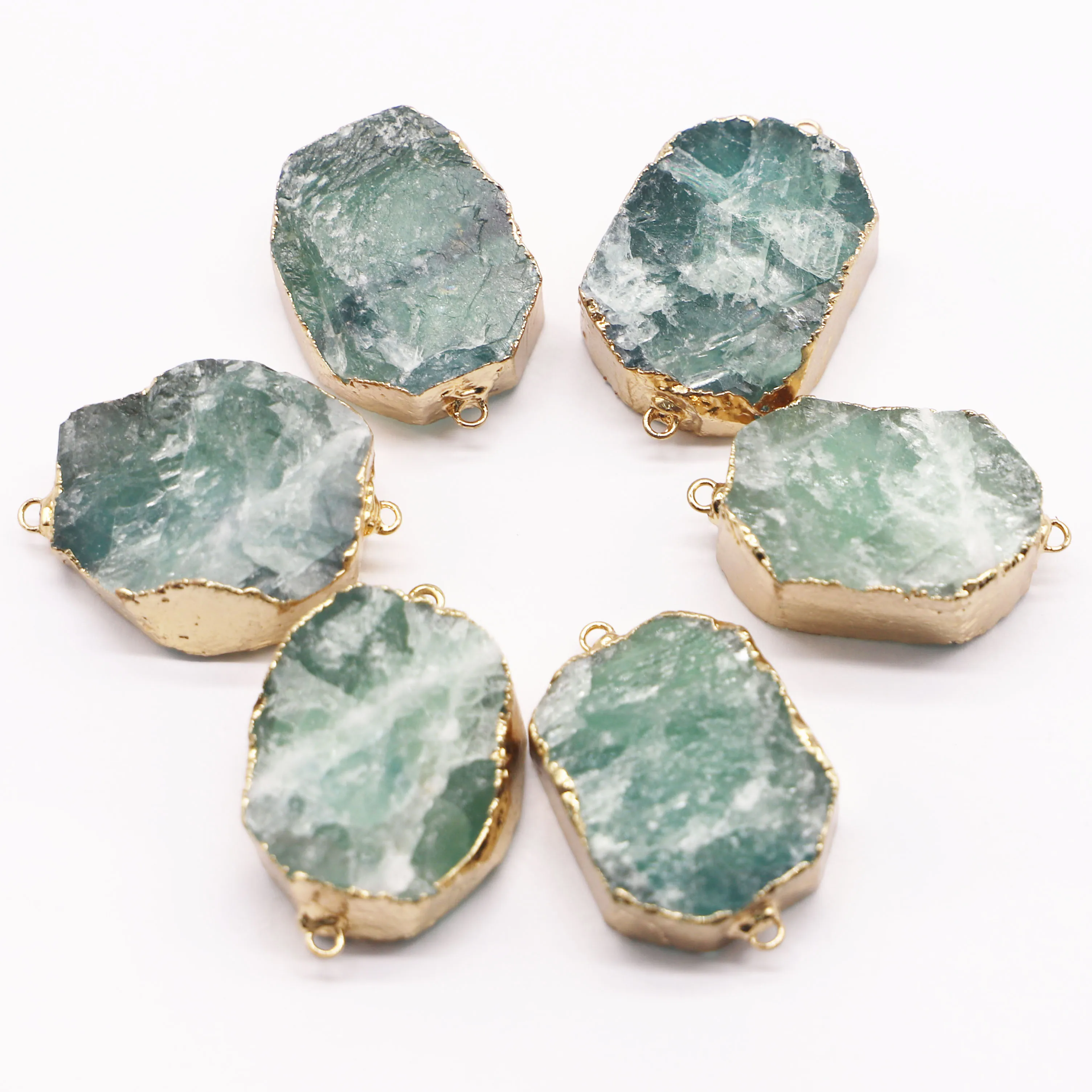 

New Natural Fluorite Stone Oval Slice Pendants Connector Mineral Healing Gold Plated Edge Necklace Charms Jewelry Wholesale 4Pcs