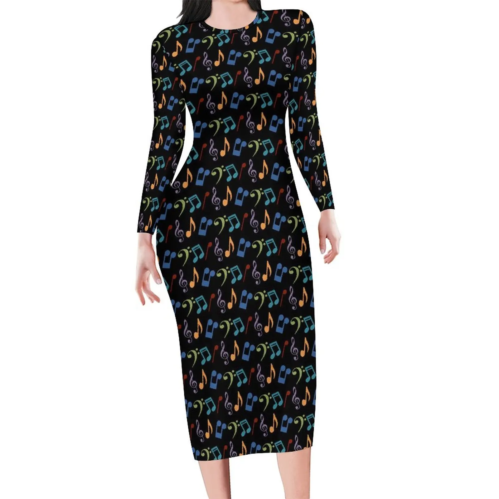 Rainbow Music Notes Dress Long Sleeve Retro Print Kawaii Dresses Autumn Ladies Aesthetic Custom Bodycon Dress 3XL 4XL 5XL