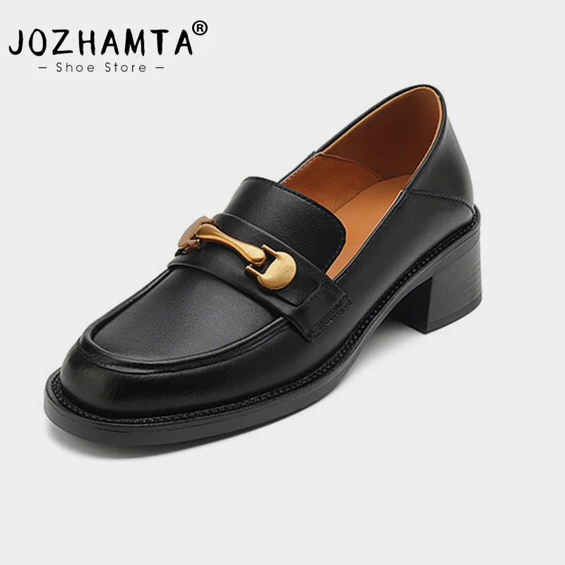 JOZHAMTA Size 33-43 Women Loafers Pumps Casual Real Leather Chunky Mid Heels Shoes Fashion Chain Vintage Brown Office Dress Shoe