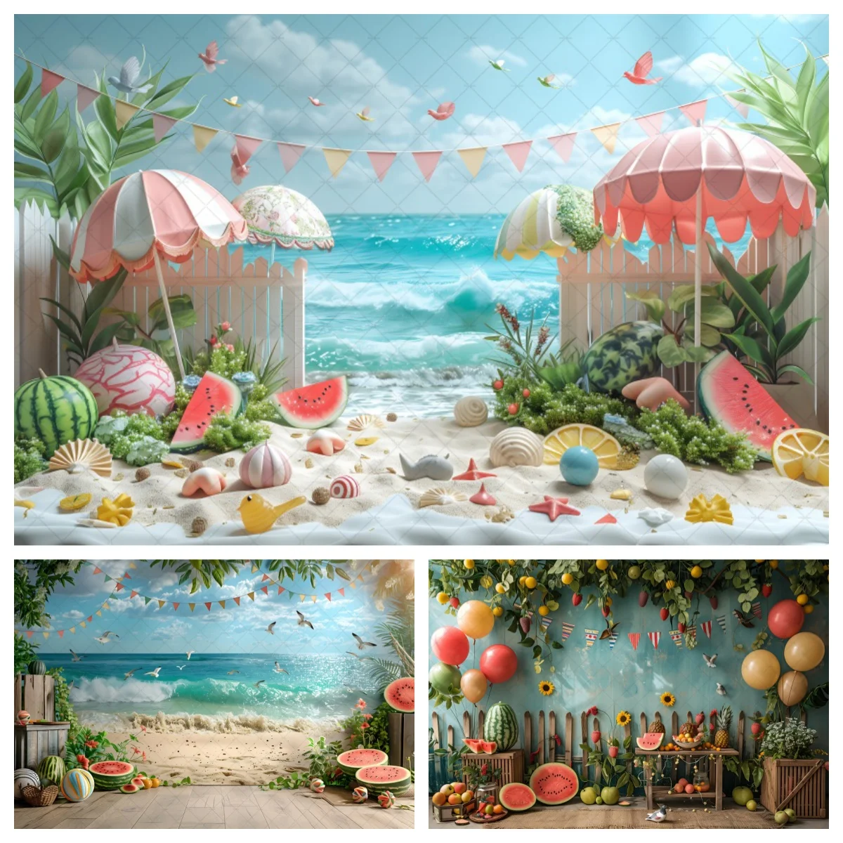 Fond de photographie de fête d'été, joyeux anniversaire, plage, mer, fruits tropicaux, décor de toile de fond, portrait d'enfants, accessoires de studio Smash Cake