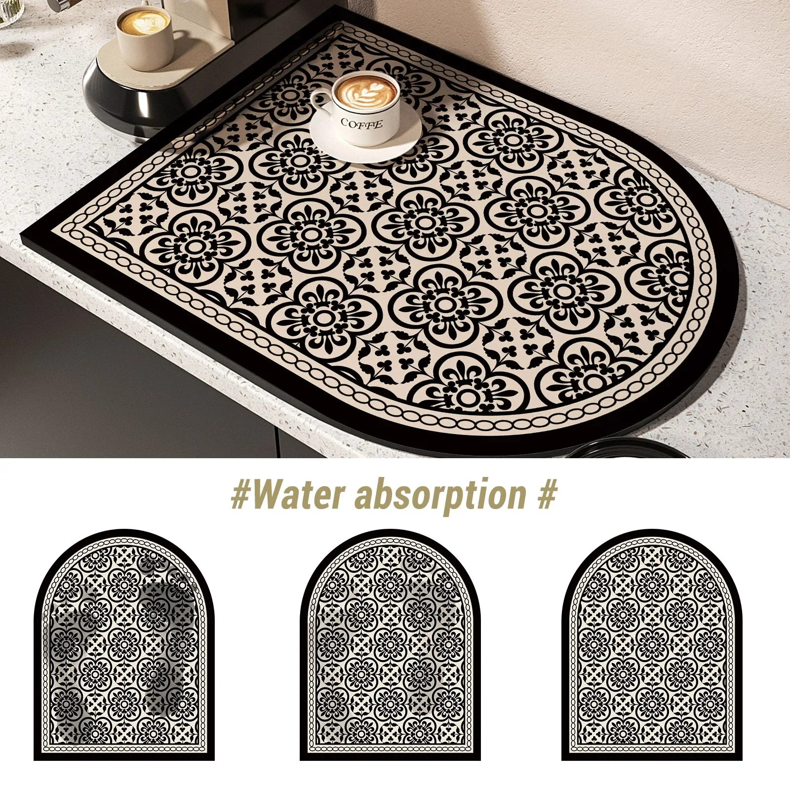 VIKAMA Vintage Semi-Circular Square Coffee Machine Absorbent Quick-Dry Drainage Mat Kitchen Worktop Drainage Pad Home Decor