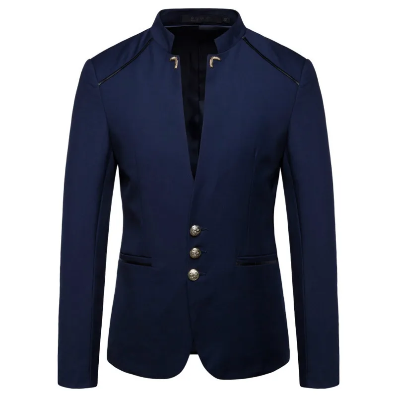 2023 Spring New Men's Fashion Button Decorative Blazer Coat Chinese Style Slim Fit Stand Collar Solid Color Suit Jacket