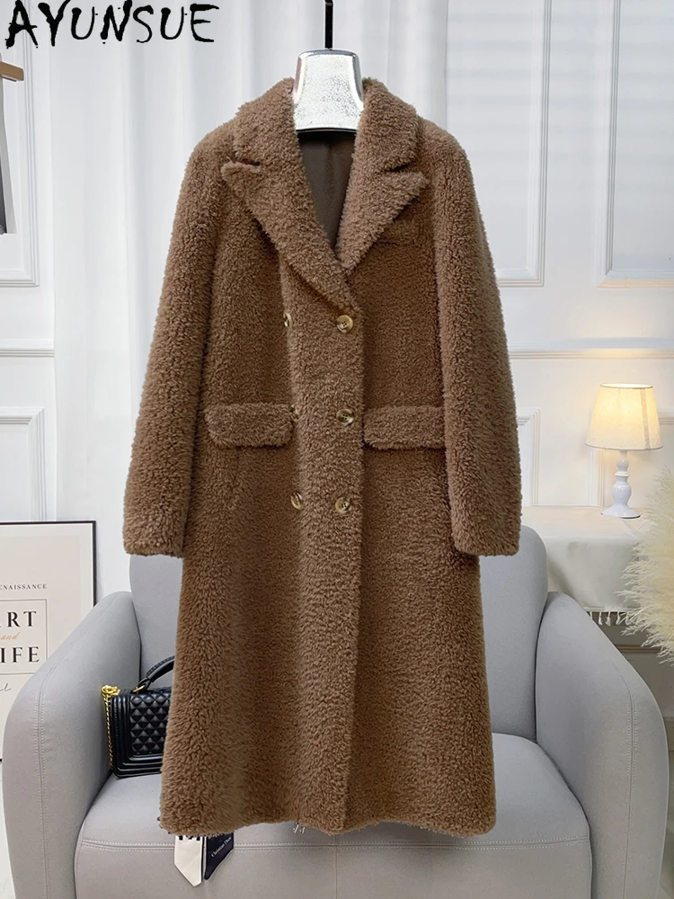 

AYUNSUE 100% Natural Wool Coats for Woman Clothes 2025 Autumn Winter Mid Length Lamb Fur Coat Fashion Outerwears Abrigo Mujer