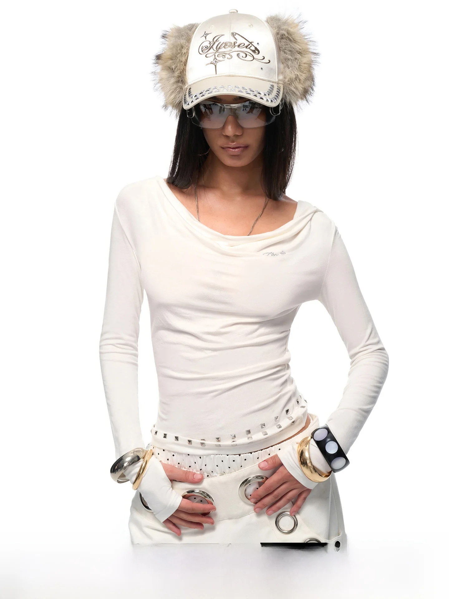 

JYOSEI оригинальная толстовка с капюшоном Role Rivet Rhinestone ter Long Sve, женская облегающая футболка с внутренним принтом, топ, мягкий удобный хлопок