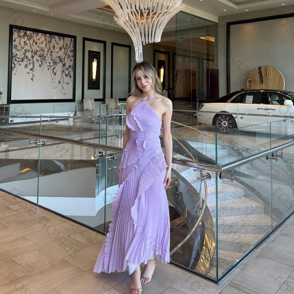 

Customized 2026 Hot Sale Lavender Formal Dress Halter Neck Pleated Ruffle Tiered A-Line Maxi Gown Women Evening Party