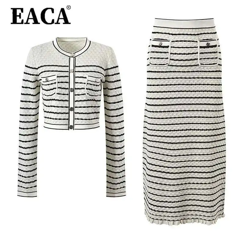 

EACA 2025 Double Pocket Design Color Contrast Striped Women's Sweater Top + Striped Hollow Knit Skirt Suit Women Fashion