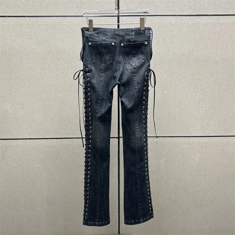 여성용 청바지 2025 겨울 신상 레이스업 슬림핏 플레어 팬츠 로우 웨이스트 여성 바지 순면 롱 팬츠 y2k 데님 팬츠