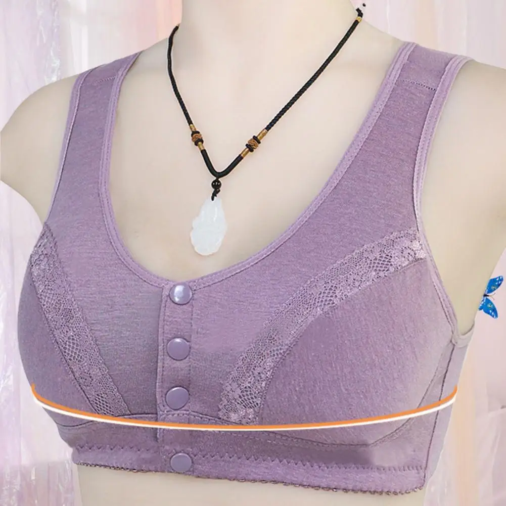 

Mid-aged Women Wireless Brassiere Front Button Closure Underwear Lace Splicing Removable Padded Comfortable Sport Bra