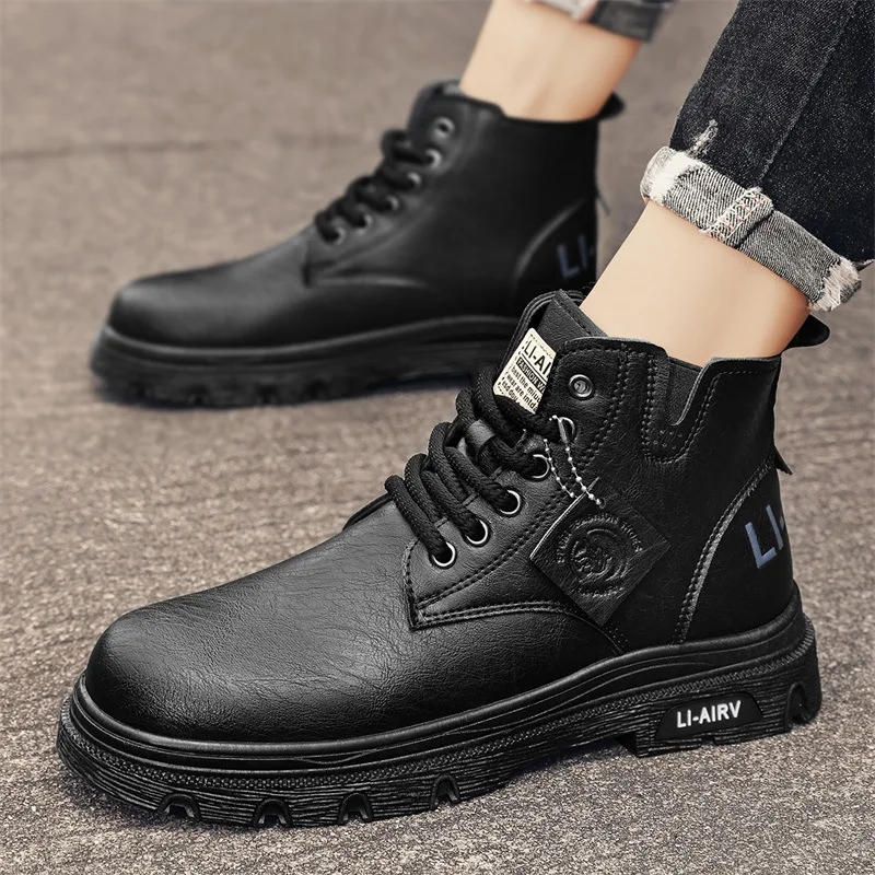 Botas masculinas de alta qualidade, moda à prova d'água, couro, sapatos de segurança de trabalho, negócios, casual, estilo britânico, sola grossa, tornozelo