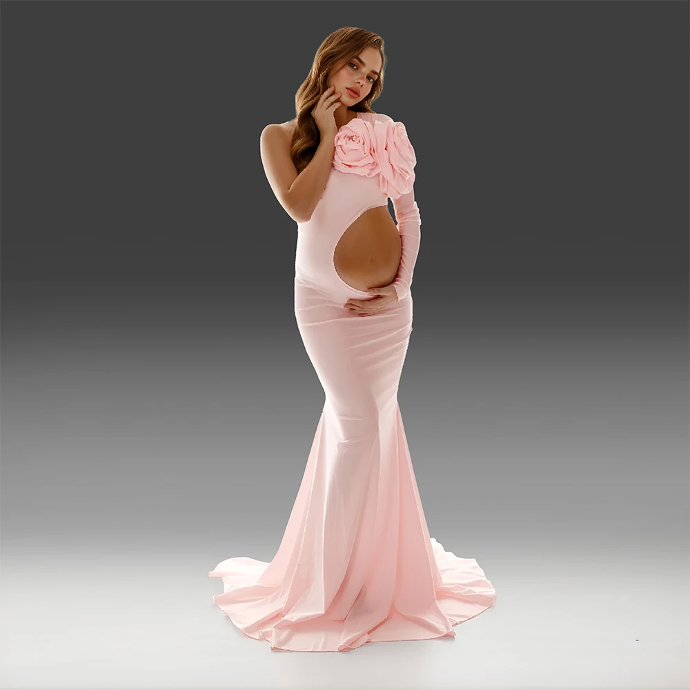

Unique Pink Mermaid Maternity Photoshoot Dresses with Rose Flowers Sexy Cut-out Design Pregnancy Shooting Dress for Baby Shower