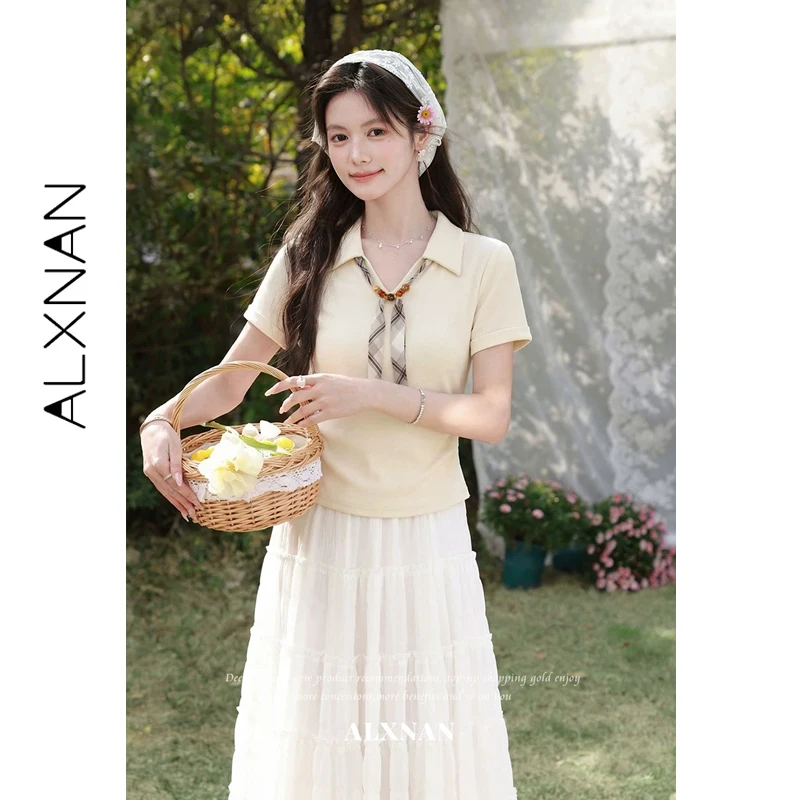 

ALXNAN Polo Neck T-shirt Women Summer Elegant Pleated Waist T-shirts Casual Short Sleeve Top with Plaid Scarf Included DYL662712