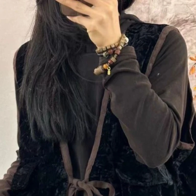 Women's Autumn Winter Tops Coat Vest Sleeveless Lacing Splicing Color Collision V-Neck Retro Slim Loose Casual Simple Soft Niche