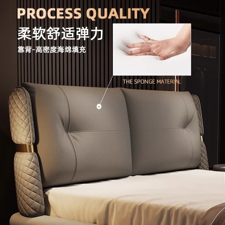 سرير جلدي إيطالي فاخر خفيف وحديث وبسيط وسرير مزدوج مصمم بأجواء راقية وأرضية حقيبة ناعمة لغرفة النوم الرئيسية #3