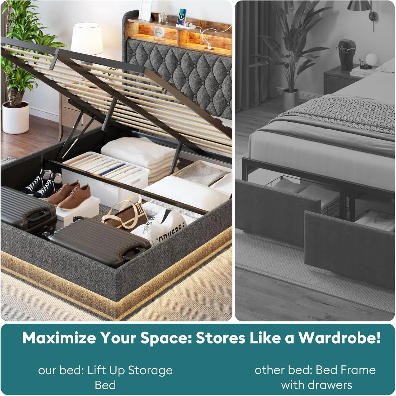 Lift Up Full Size Bed Frame with Headboard, Upholstered Platform Bed with LED Lights & Charging Station, Hydraulic No Box Spring