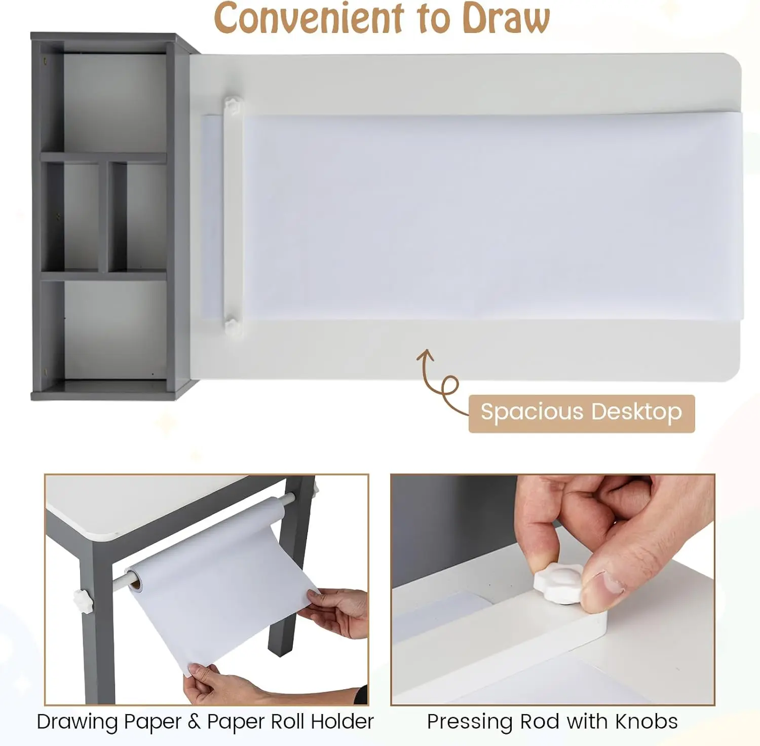 طقم مكتب فني خشبي للأطفال مع كراسي و4 صناديق قماش، رمادي