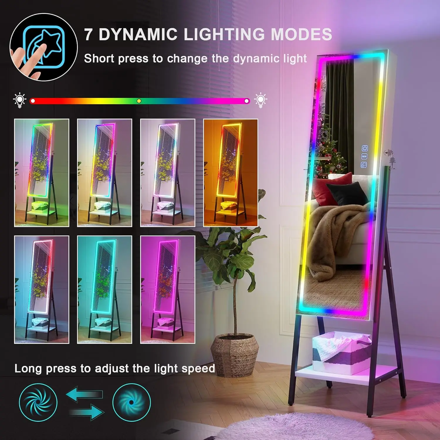 Gabinete de joyería con espejo LED RGB, organizador de gabinete de joyería de pie, espejo de longitud completa con almacenamiento, espejo de joyería con cerradura para W