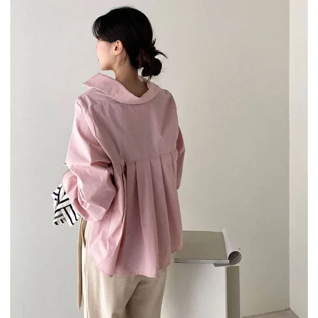 Back Pleated Solid Color Button Up Shirt Korean Women Fashion Long Sleeve Loose Cute Blouse Ladies y2k top Fall Blusas Aesthetic