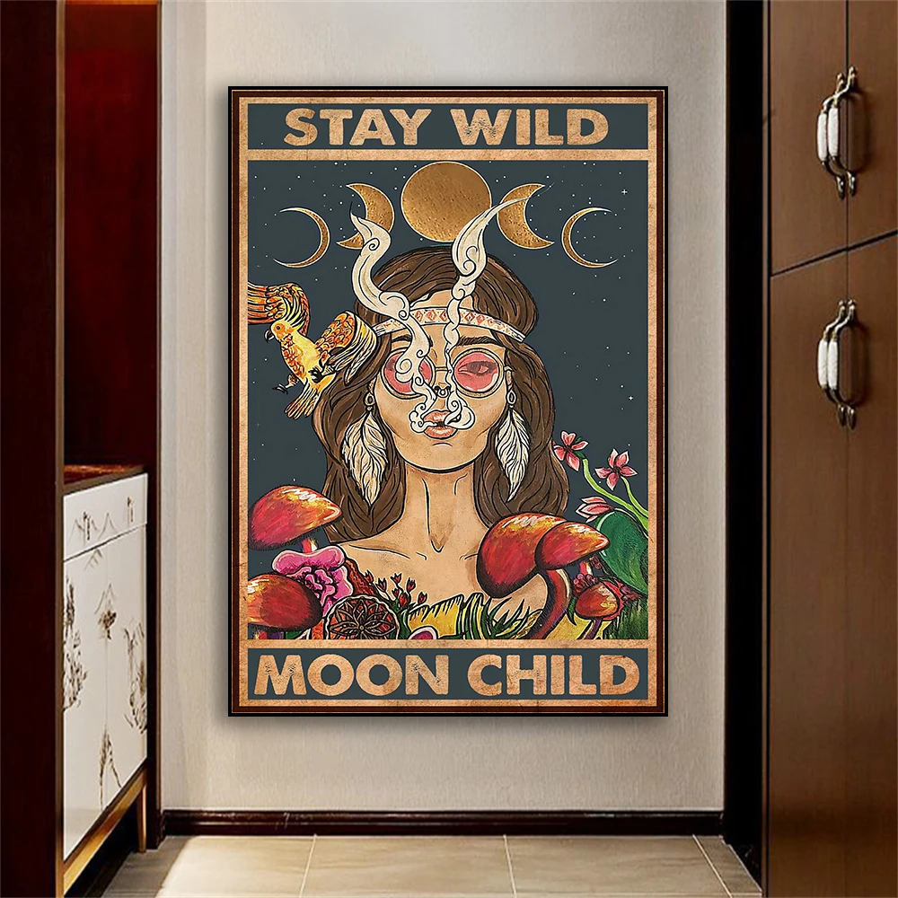 Hippie Vintage Poster Print Retro The Sun Witchcraft Poster Girl and Flowers Wall Art Canvas Painting Home Bedoom Wall Art Decor