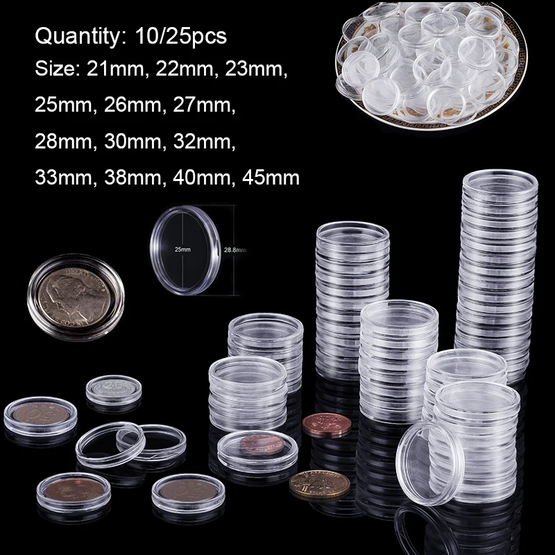 

10/25pcs 21-45mm clear round Coining storage box capsule collection container for Coining storage capsule protection container