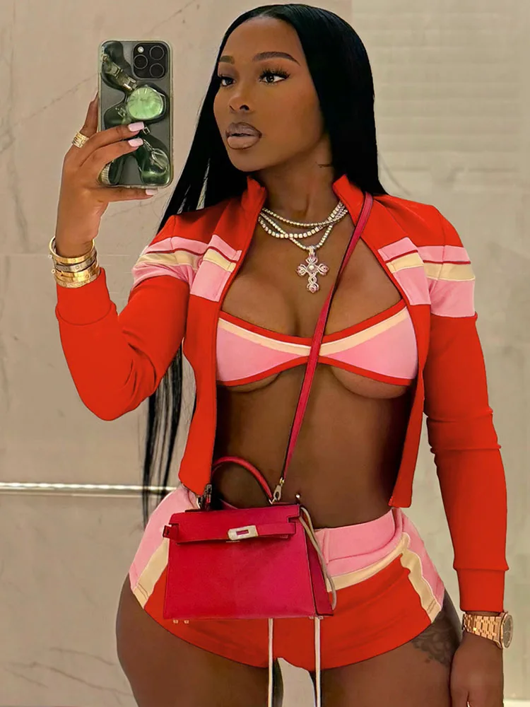 

Sports Fitness Shorts Sets Woman 3 Piece Set Outfit Activewear Striped Long Sleeve Zipper Jacket Top + Bra +Shorts Matching Sets