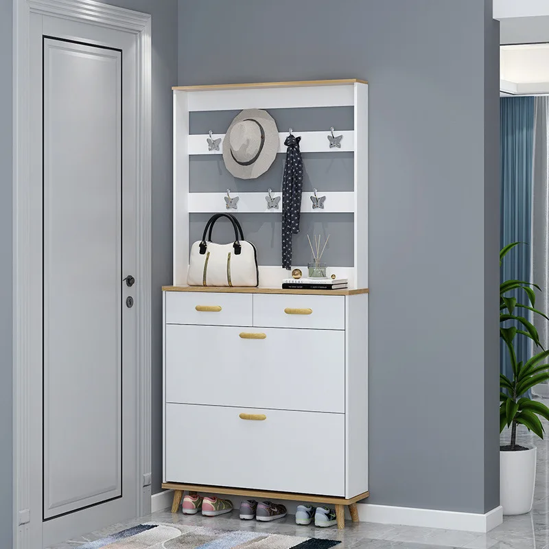 

Nordic new ultra-thin shoe cabinet with coat rack, household door with drawer shoe cabinet, large capacity