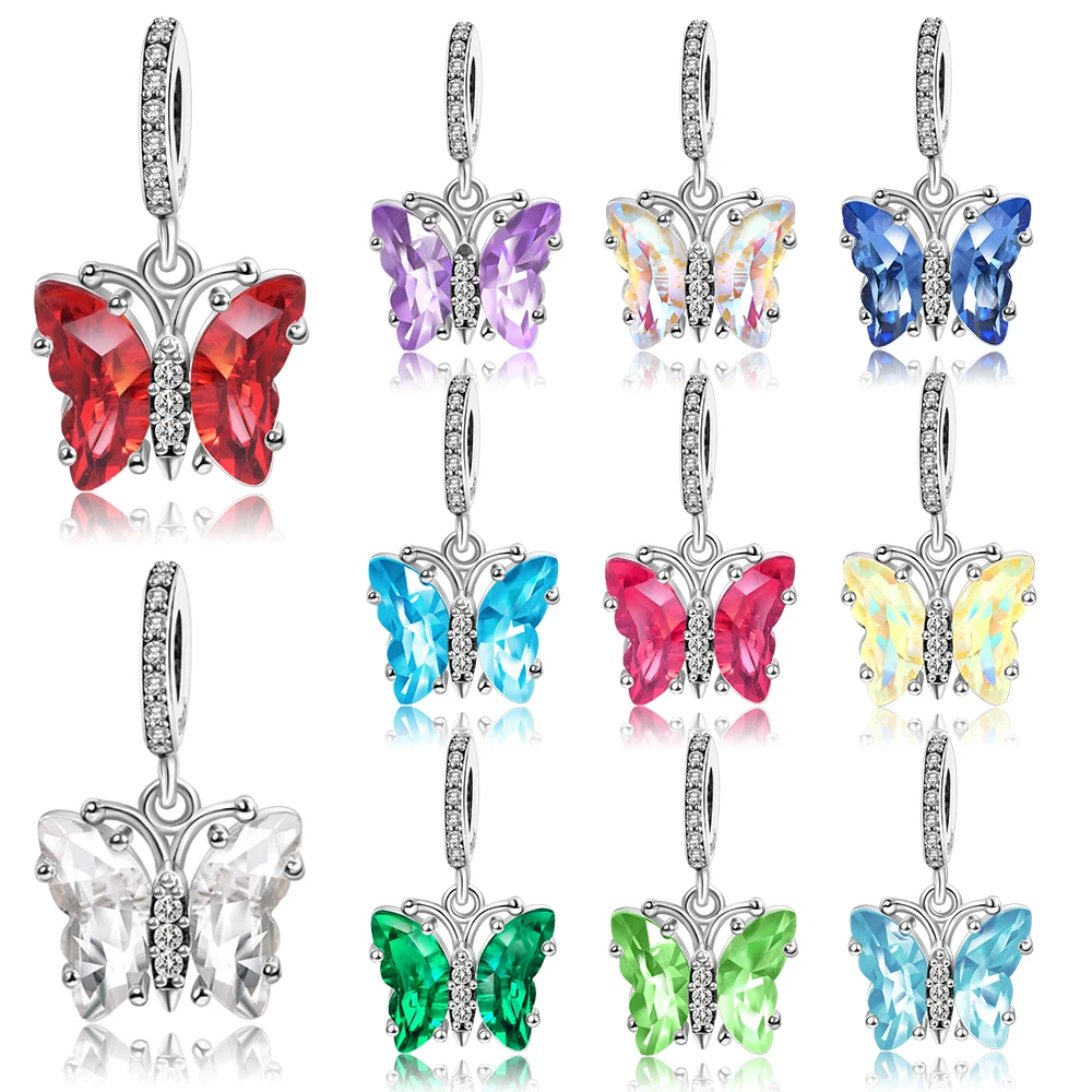 

Classical 925 Sterling Silver Red&Blue&Yellow&Pink&Green&White Cut Butterfly Dangle Charm Fit Original Branded Bracelet Jewelry