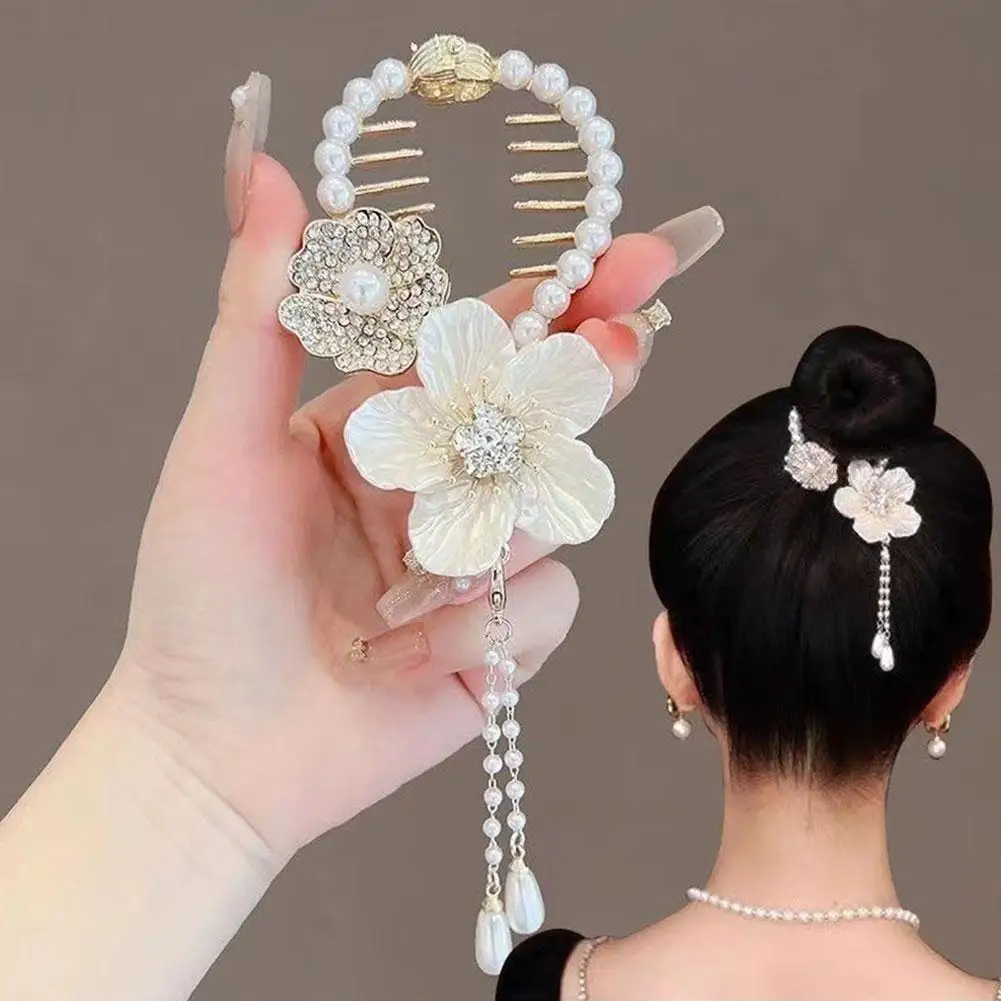 

Tassel Hair Claw Rhinestone Pearl Flower Tassels Hair Fringe Clip Ponytail Hairpins Girl Women Accessories Hair Holder H6G0