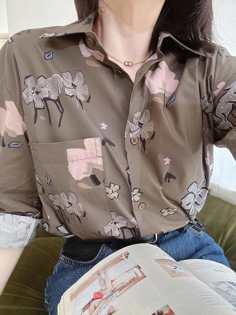 

Современная ретро-рубашка из хлопка с абстрактным принтом, длинным рукавом, средней длины, свободного кроя, женская, модная, для повседневной носки, дышащая, удобная.