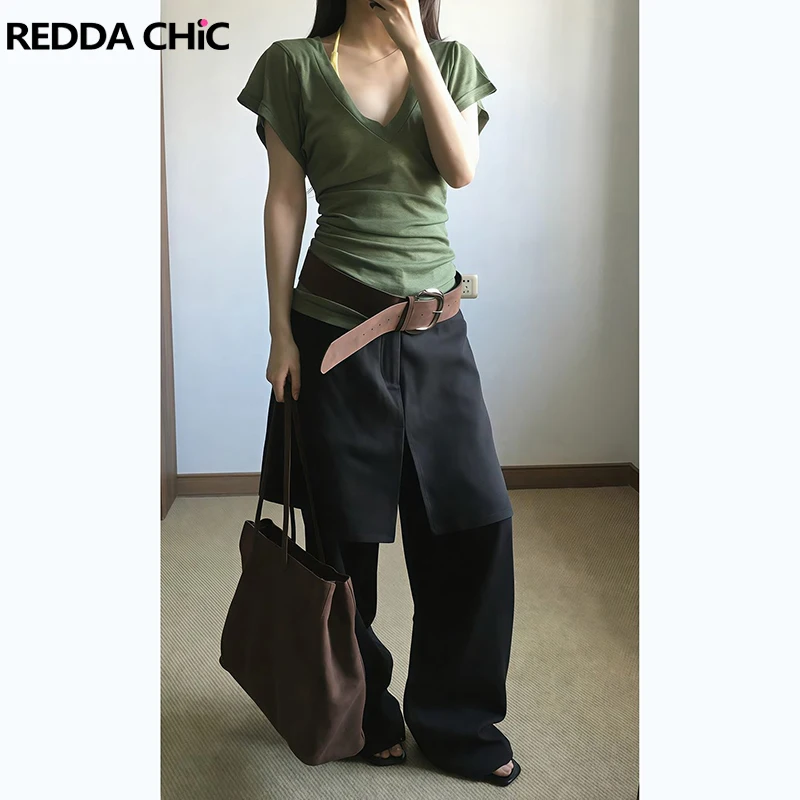 

ReddaChic поддельные брюки из двух предметов для штор, женские осенние широкие брюки с высокой талией, офисные женские прямые брюки высокого качества