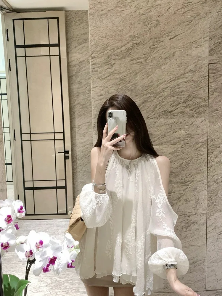 

Ele Loose Women's Chiffon irt oulder Bared Top Korean Sle Lantern Sve Long Sve Casual Wear Summer New Arrival