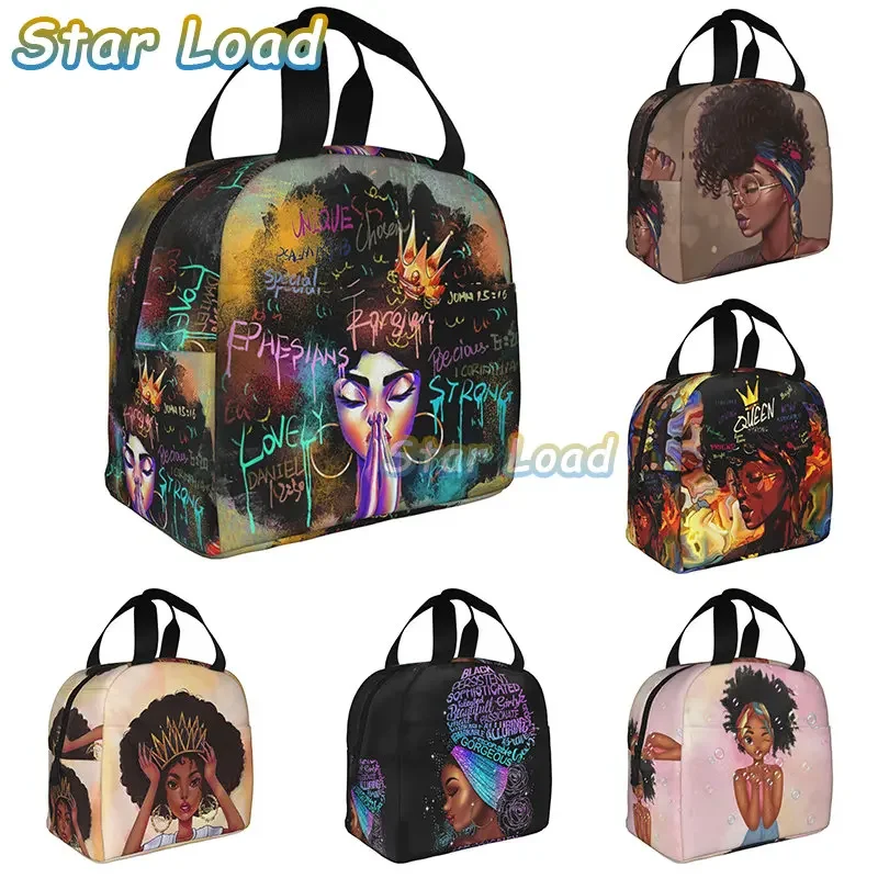 Black African Girl Lunch Bag Tote Meal Bag Reusable Insulated Portable Afro Black Girl Lunch Box Handbags for Travel School