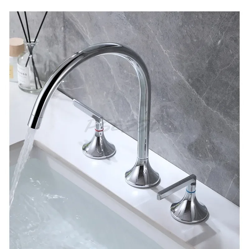 Three Hole Split Face Basin Faucet Fully Copper Chrome Plated Bathroom Washbasin Bend Faucet Hot and Cold Dual Control image 4