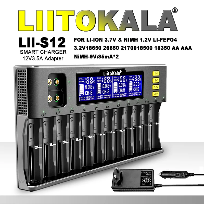 LiitoKala Lii-S8 Lii-S12 LCD Battery Charger for Li-ion LiFePO4 Ni-MH Ni-Cd 9V 21700 20700 26650 18350 18650 RCR123 18700