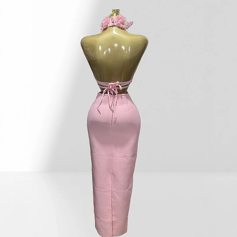 Nowa Kolekcja Damska Sukienka Bodycon z Kwiatowym Wzorem, Seksownym Dekoltem, Odkrytymi Plecami, Wiązana na Szyi, Modna Sukienka Bandage na Imprezę i Wakacje