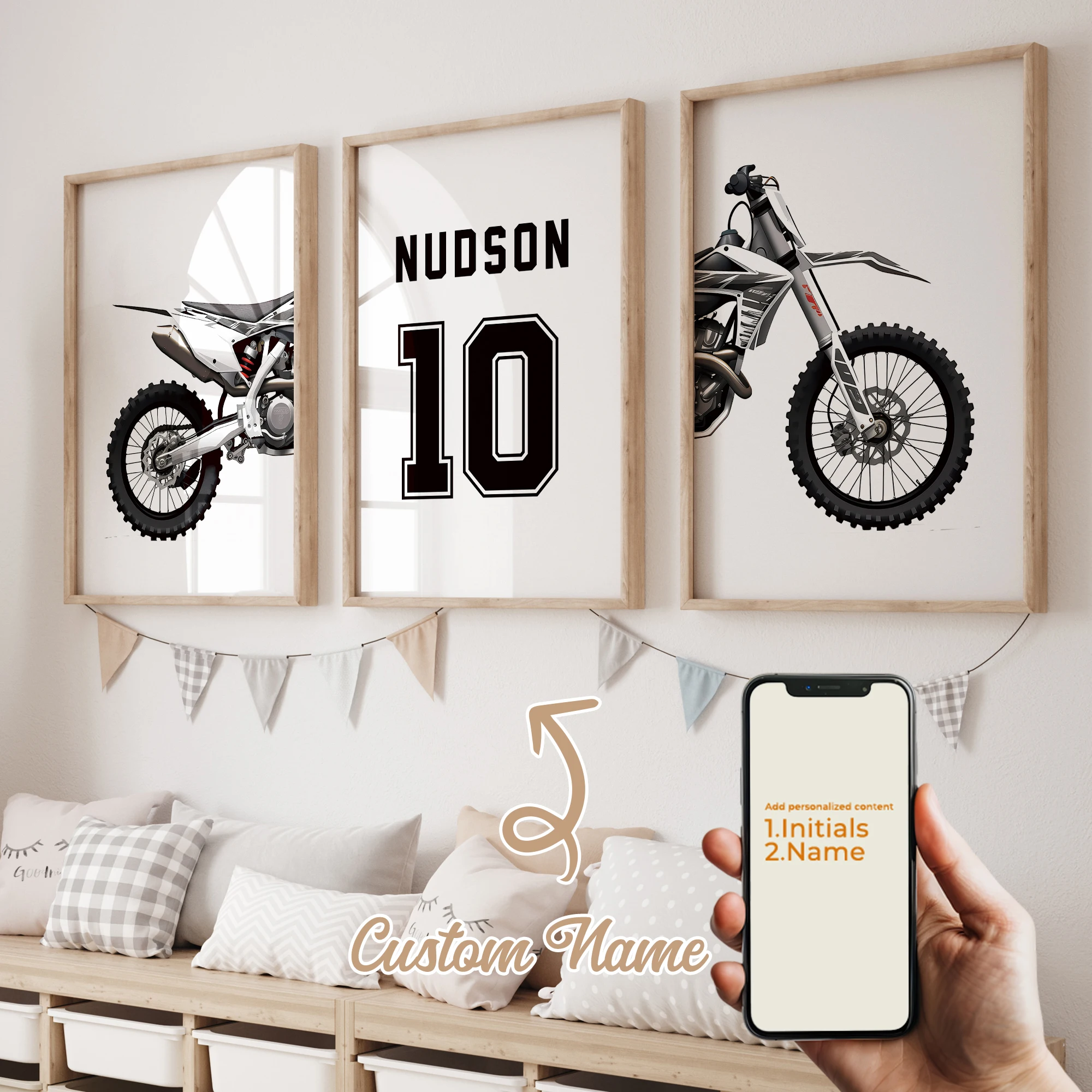 

3pcs Personalized Custom Name Cartoon Child Motorcycle Wall Art Print Picture Canvas Poster Painting For Living Room Home Decor