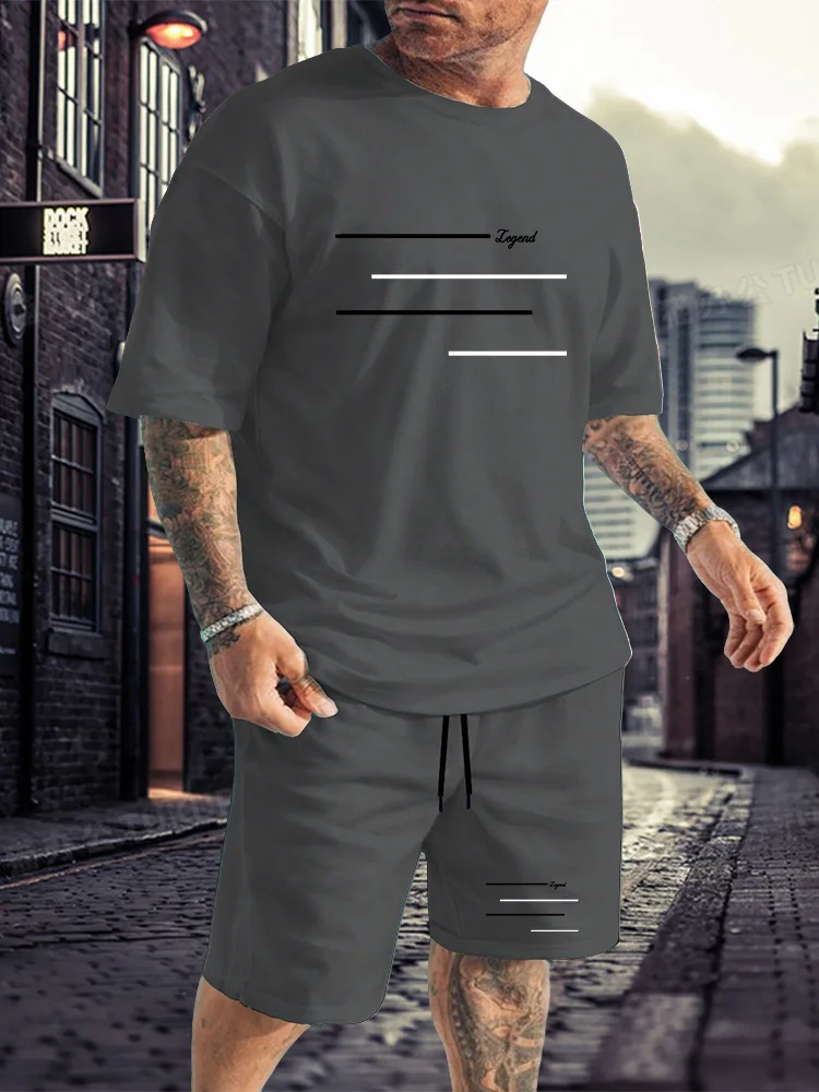 

Casual Stripe Printed T-shirt Shorts Set Large Size Loose Men's Short Sleeve Tee Elastic Waist Shorts 2-piece Set Sports Clothes