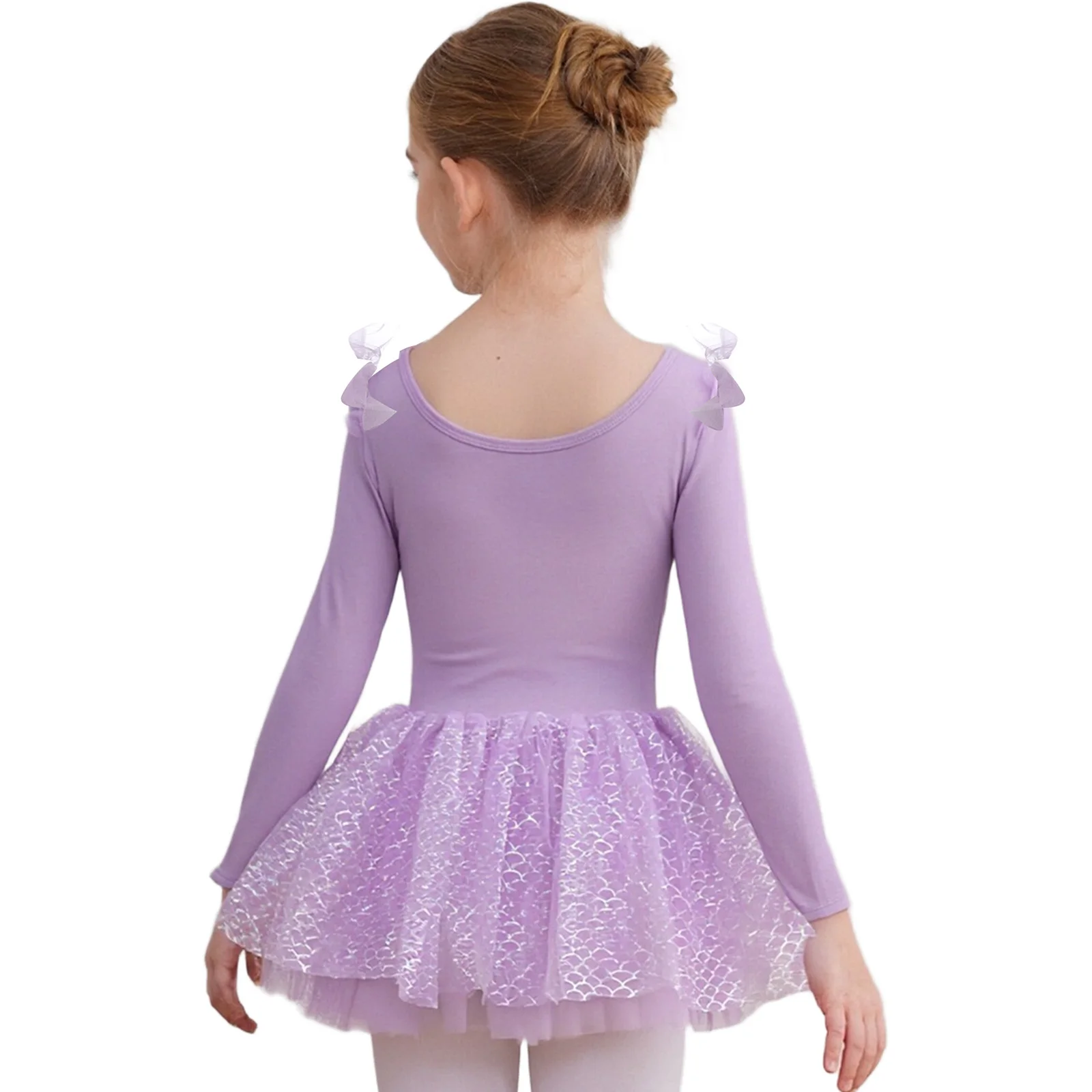 Kinderen Meisjes Ballet Dans Jurken Sheer Mesh Ruche Lange Mouw Glanzende Pailletten Patchwork Schubben Tule Tutu Jurk Danskleding