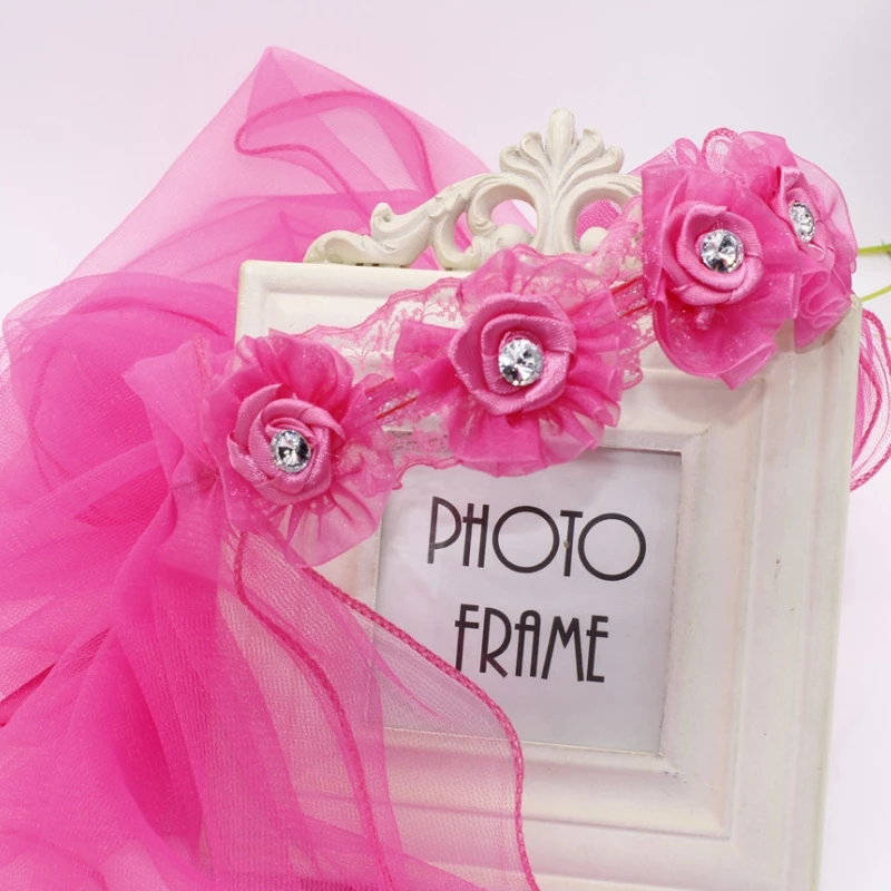 Diadema de princesa pequeña para niños, velos de novia de tul de doble capa, guirnalda de flores, volantes, encaje Floral, corona para fiesta de boda