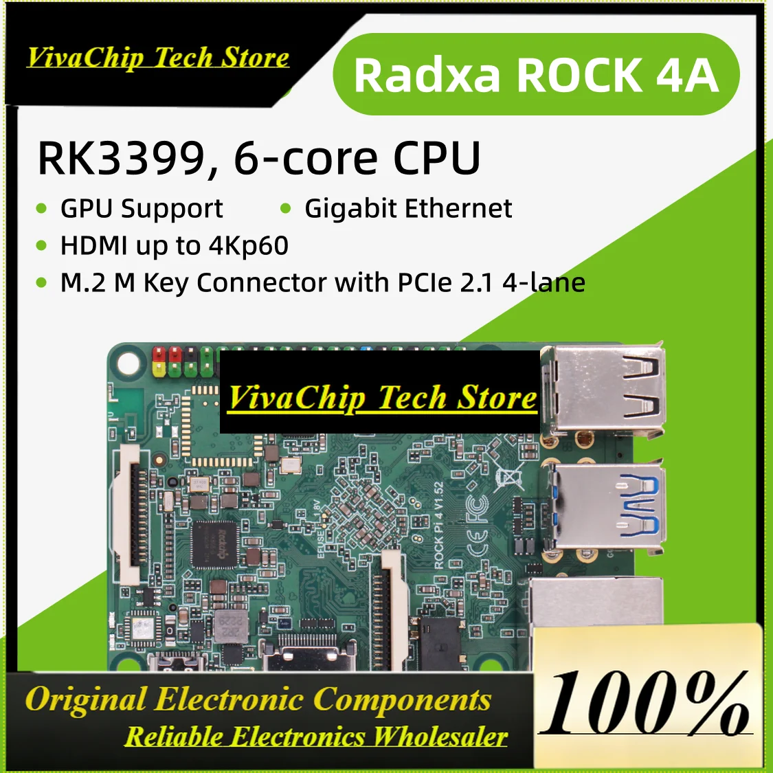 VivaRadxa ROCK 4A RK3399, 6-core CPU SBC, HDMI With 4K Output, Gigabit Ethernet And PCIe 2.1, Single Board Computer