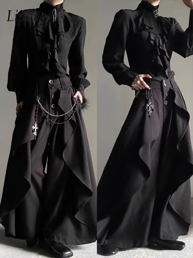 Streetwear Vintage Paneled Skirt Pants Mens 2026 Autumn Warm Loose Fit Culottes For Male Daily Outdoor Solid Color Bottoms