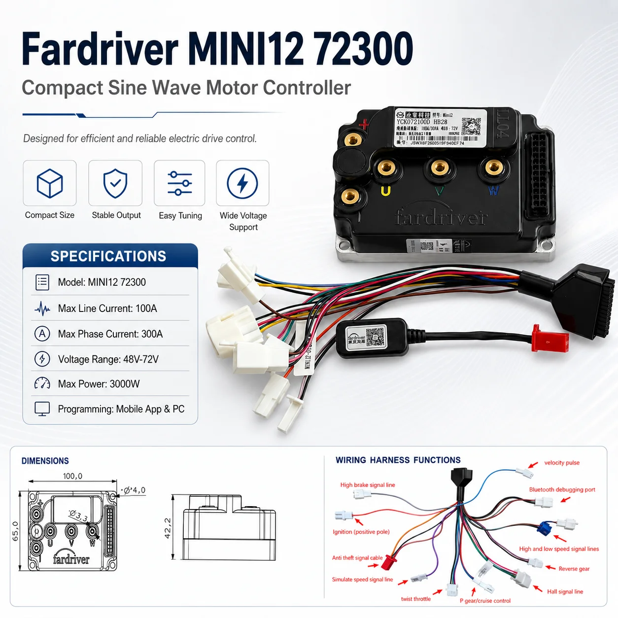 ND72300 MINI12 48V-72V 100/300A DC Sine Wave Electric Scooter  Debugging Programming Motor Controller