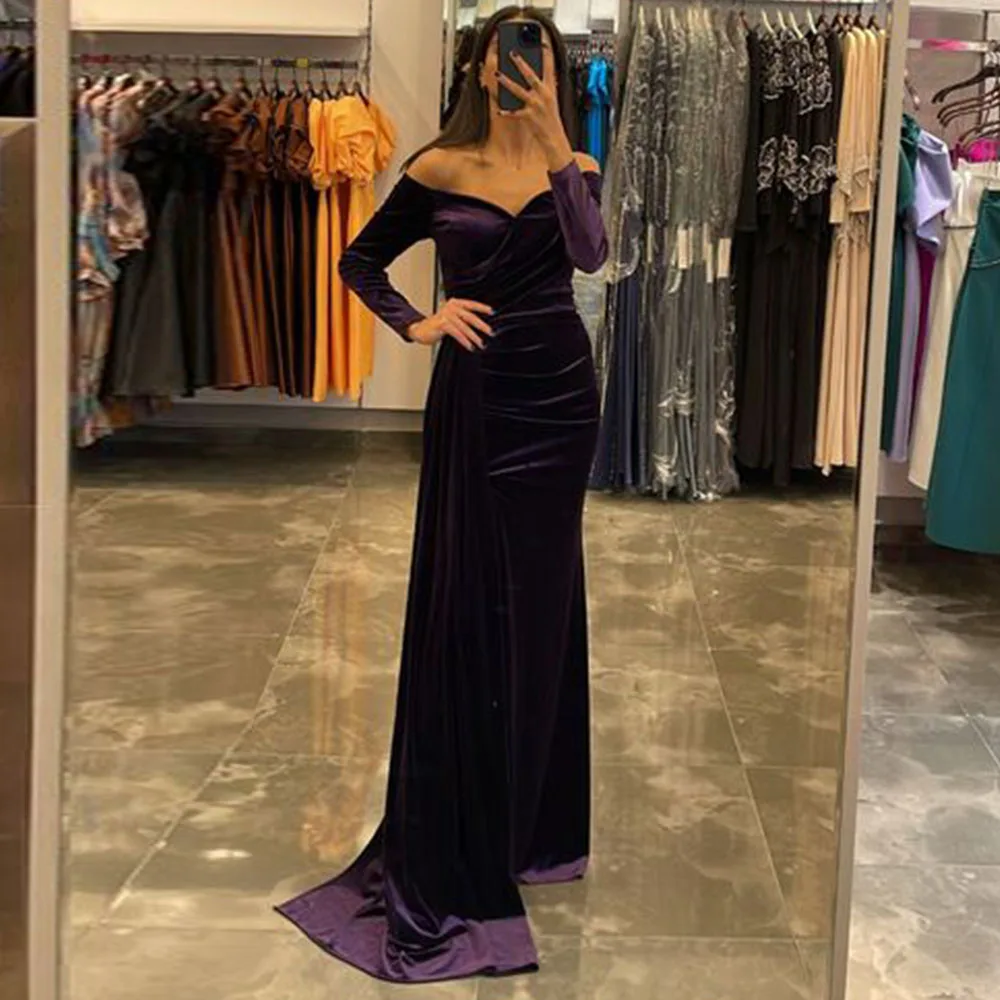 

Purple Velour Evening Dresses Mermaid Floor Length Sexy Off-The-Shoulder Deep V Neck Wedding Guest Gowns Ruched Custom Made